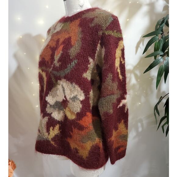 Vtg 90s Talbots Hand Knit Floral Leaves Mohair Blend Sweater Size M Chunky Fall - Picture 2 of 8